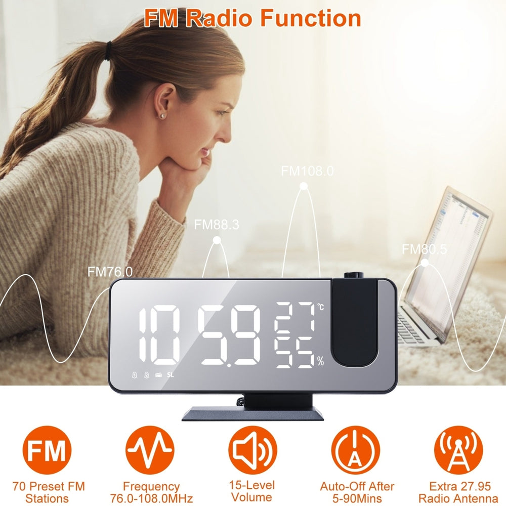 Projection Alarm Clock with FM Radio Dual Alarms USB Charging 7.5 Inch Mirror LED Image 2