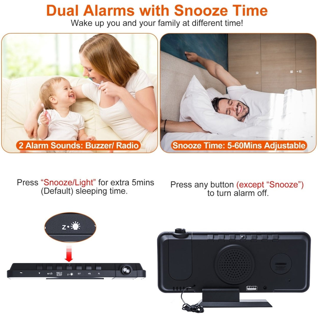 Projection Alarm Clock with FM Radio Dual Alarms USB Charging 7.5 Inch Mirror LED Image 3