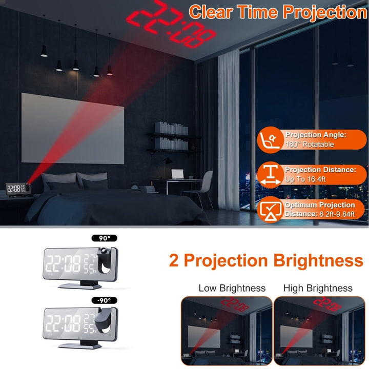 Projection Alarm Clock with FM Radio Dual Alarms USB Charging 7.5 Inch Mirror LED Image 4