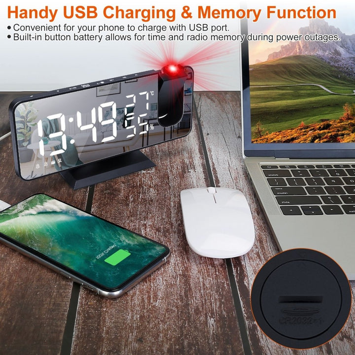 Projection Alarm Clock with FM Radio Dual Alarms USB Charging 7.5 Inch Mirror LED Image 5