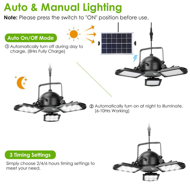 Solar Pendant Lights IP65 Waterproof Shed Light 120 Adjustable Garage Light with 3 Timing Modes 4 Brightness Levels Image 2