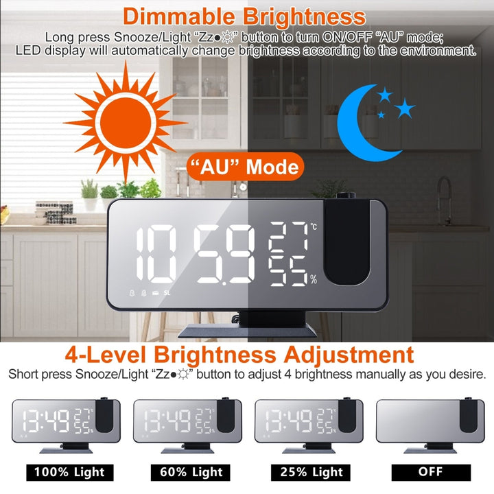 Projection Alarm Clock with FM Radio Dual Alarms USB Charging 7.5 Inch Mirror LED Image 6