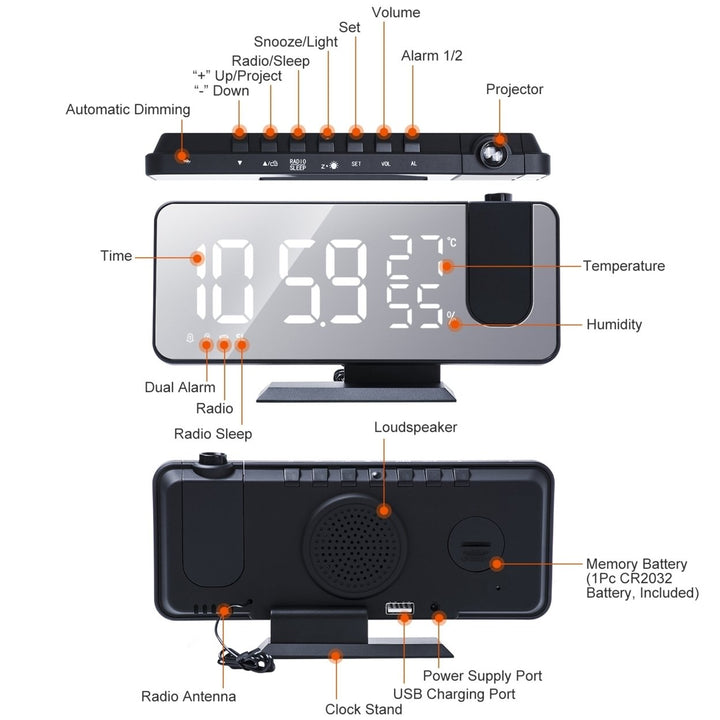 Projection Alarm Clock with FM Radio Dual Alarms USB Charging 7.5 Inch Mirror LED Image 7