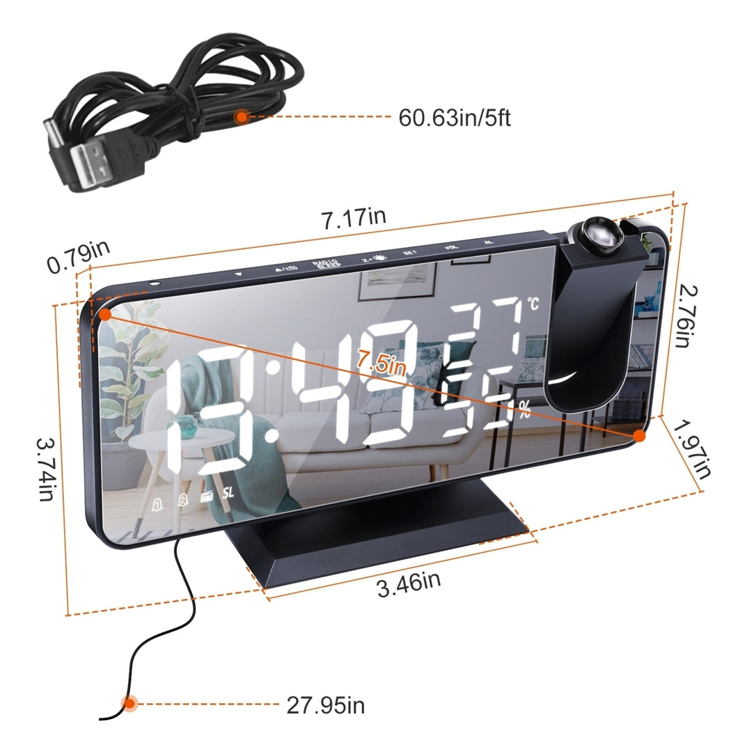 Projection Alarm Clock with FM Radio Dual Alarms USB Charging 7.5 Inch Mirror LED Image 8