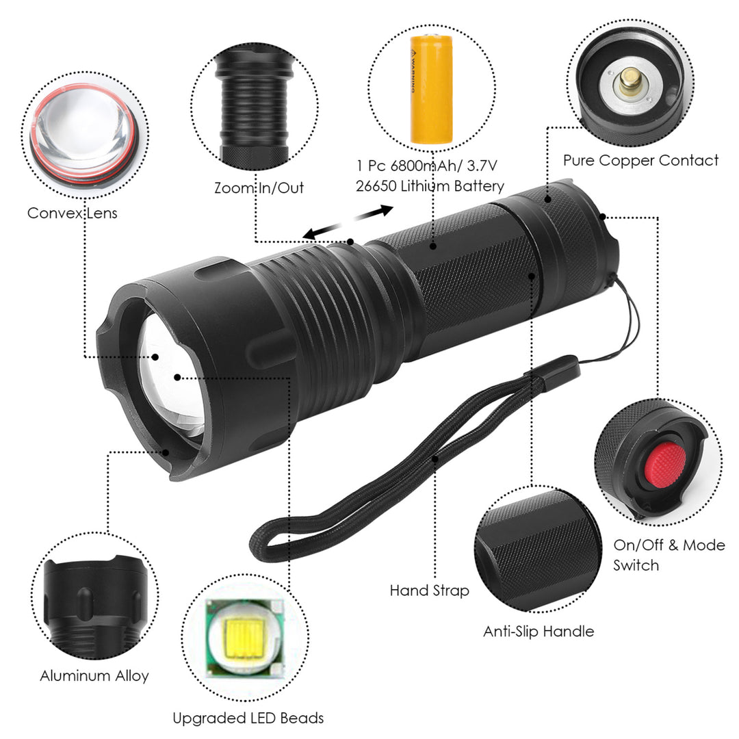 LED Rechargeable Flashlight 800m Zoomable 3 Modes Aluminum Alloy Black Torch Image 3