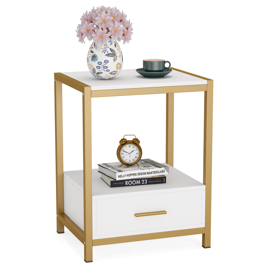 Tribesigns 25 inch Tall Gold Nightstands with Drawers and Storage Shelf, Modern Bedside Table End Table Side Table for Image 1
