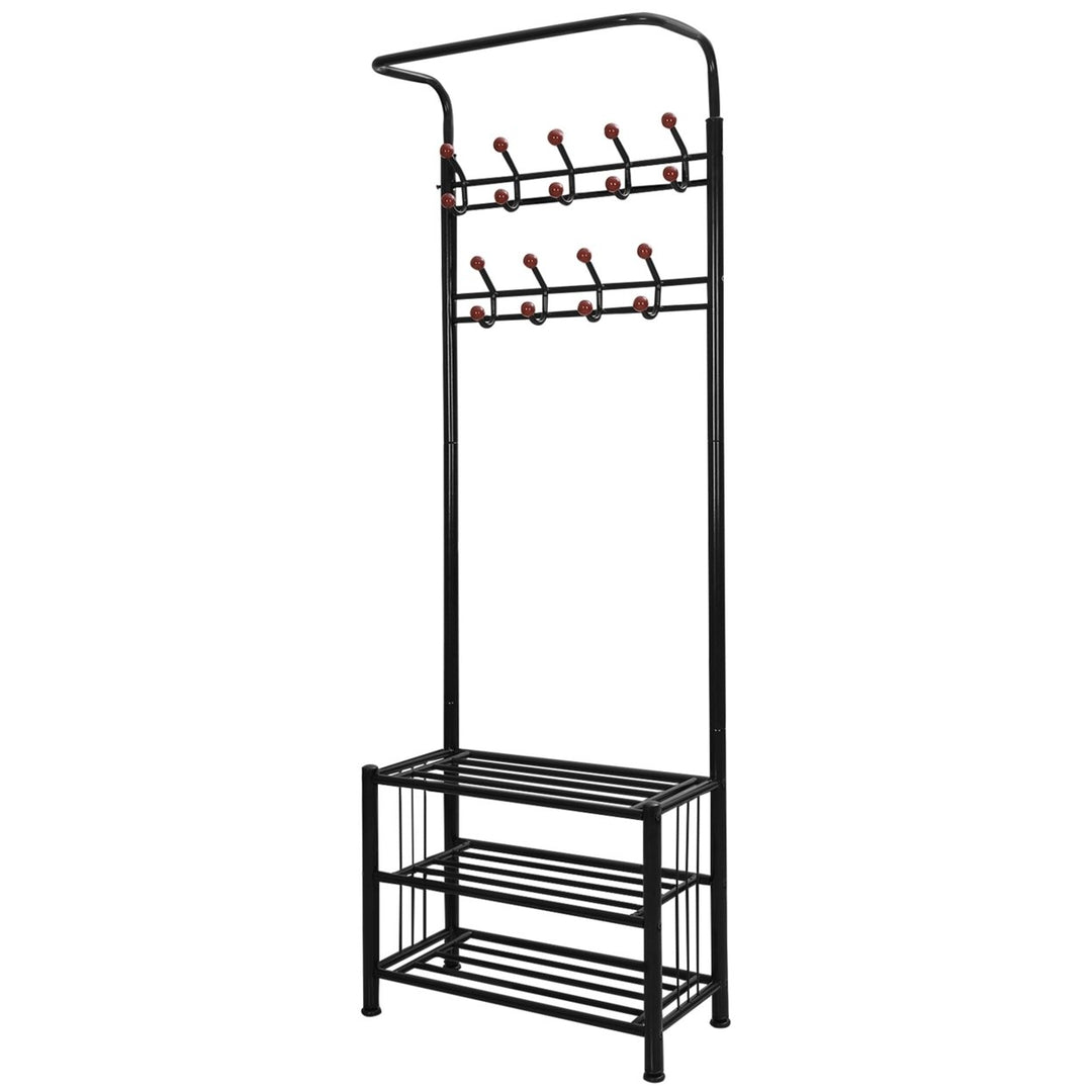 Metal Coat Shoe Rack Hall Tree 3-Tier Heavy Duty Iron Storage Bench 18 Hooks Image 1