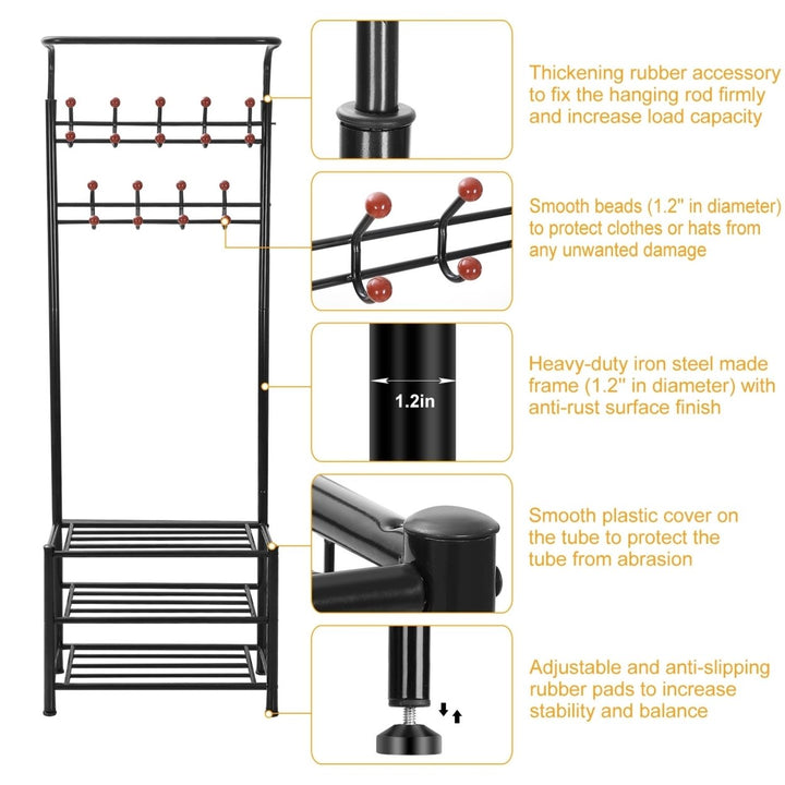 Metal Coat Shoe Rack Hall Tree 3-Tier Heavy Duty Iron Storage Bench 18 Hooks Image 2