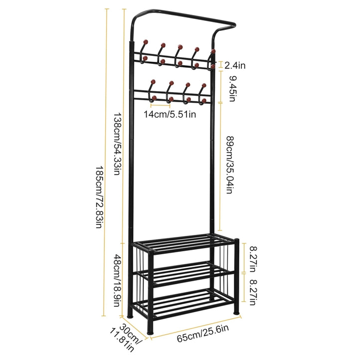 Metal Coat Shoe Rack Hall Tree 3-Tier Heavy Duty Iron Storage Bench 18 Hooks Image 5