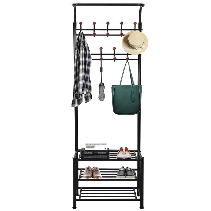 Metal Coat Shoe Rack Hall Tree 3-Tier Heavy Duty Iron Storage Bench 18 Hooks Image 6