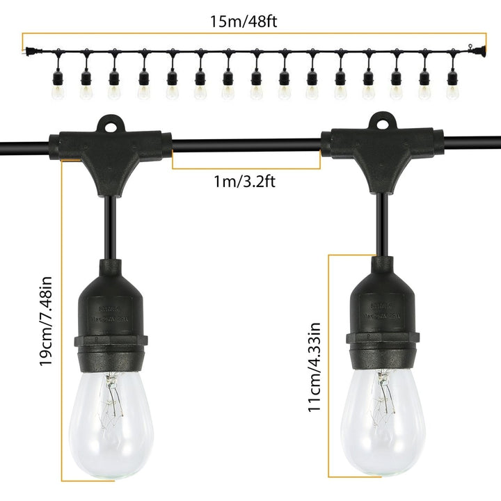 48FT Waterproof Outdoor String Lights with 15 Warm White Bulbs for Patio Decor Image 8