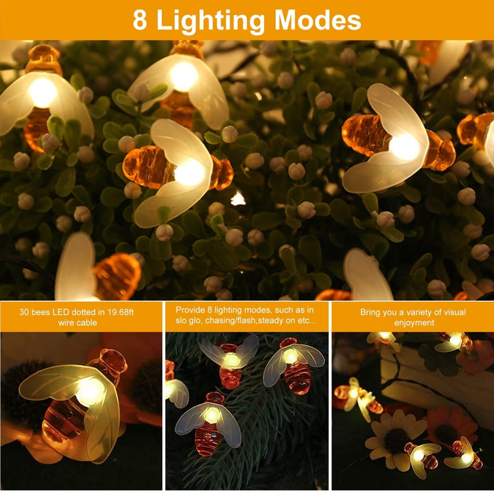 Solar String Bee Lights 30 LED Waterproof Fairy Lights 8 Modes 19.68ft Image 3