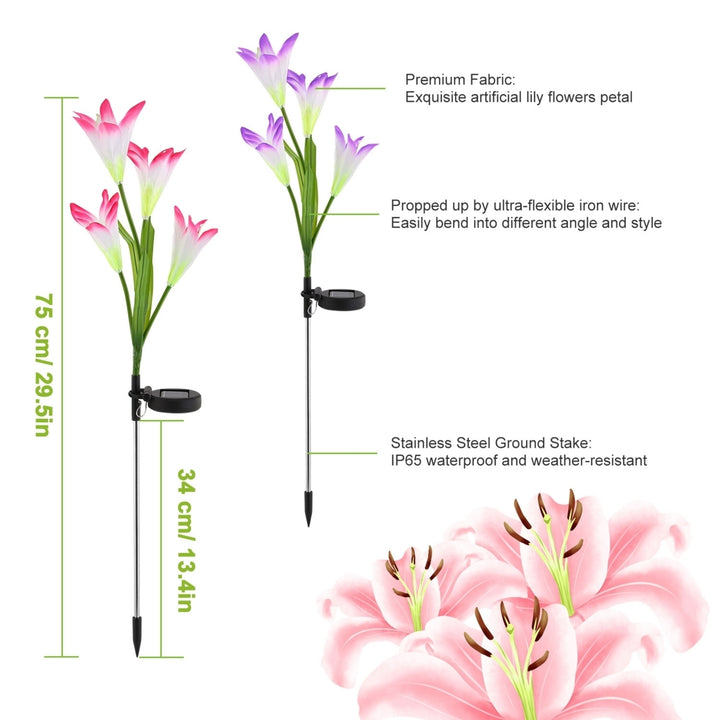 Solar Garden Lights 2Pcs Lily Flower 7 Color Changing IP65 Waterproof Stake Image 7