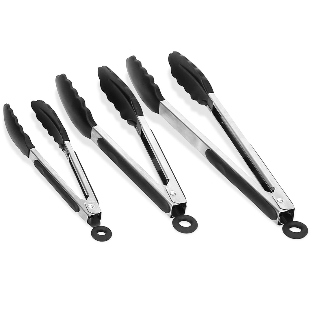 3Pcs Stainless Steel Silicone Locking Kitchen Tongs High Heat Resistant Black Image 1