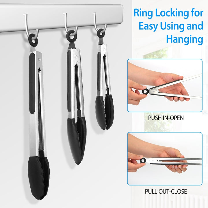 3Pcs Stainless Steel Silicone Locking Kitchen Tongs High Heat Resistant Black Image 3