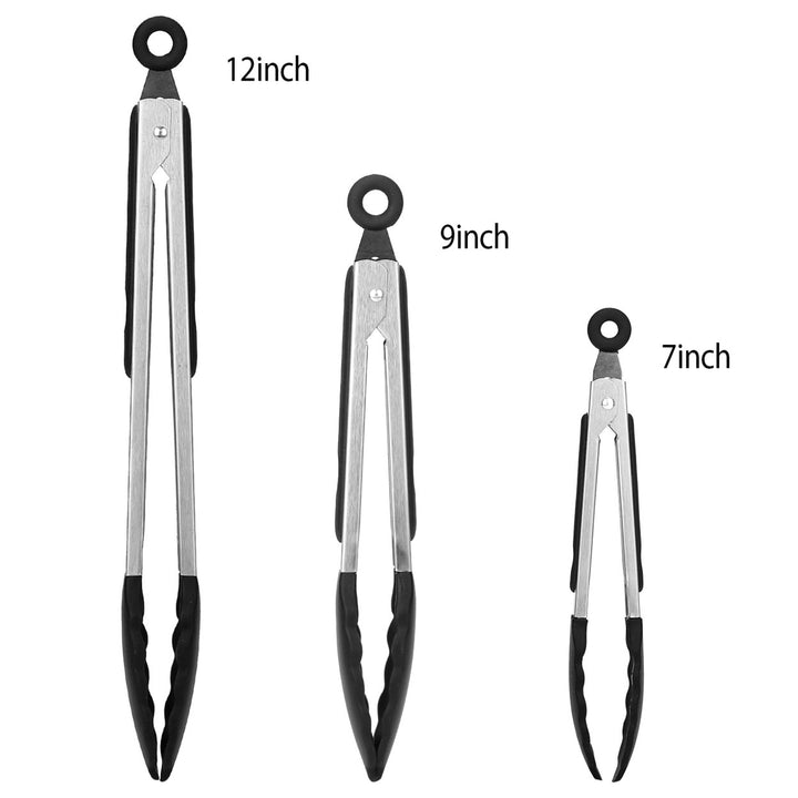 3Pcs Stainless Steel Silicone Locking Kitchen Tongs High Heat Resistant Black Image 4