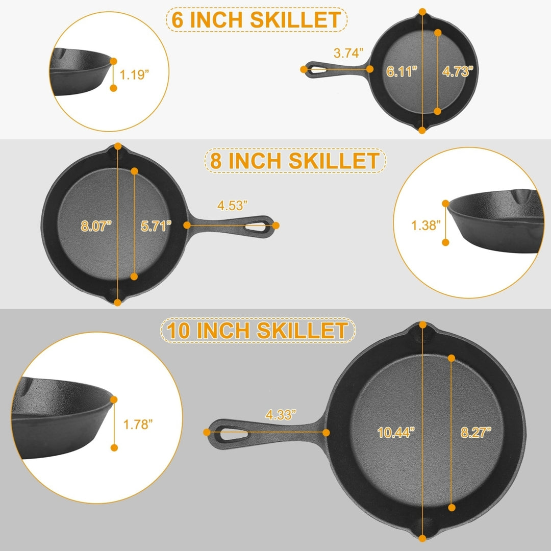 3Pcs Pre-Seasoned Cast Iron Skillet Set Non-Stick Oven Image 5