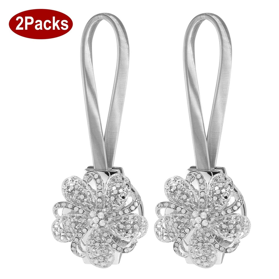 2 Packs Magnetic Curtain Tiebacks Extendable Floral Design Silver 8.46 Inches Image 1