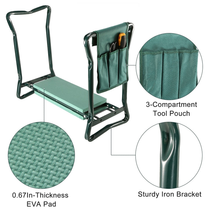 Foldable Garden Kneeler Seat Dark Green Heavy Duty Iron with Tool Pouch Image 2