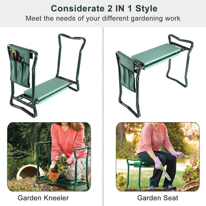 Foldable Garden Kneeler Seat Dark Green Heavy Duty Iron with Tool Pouch Image 3