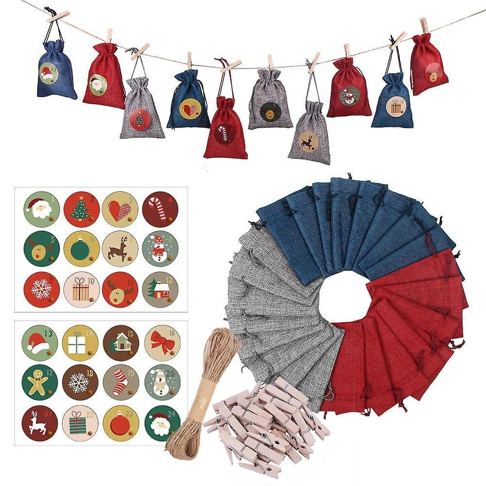 24 Days Advent Calendars Bags Christmas Drawstring Burlap Gift Bag Diy Xmas Decorations Image 2