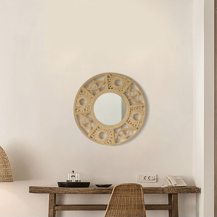 Bamboo Round Wall Mirror 21.75" Natural Boho Decor for Living Room Dining Room Image 2