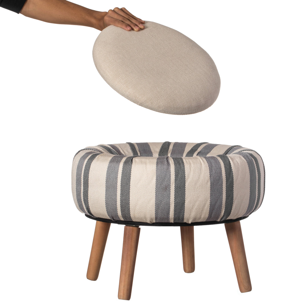 Modern Striped Round Fabric Ottoman Blue and White 21.75 Inch with Storage Image 2