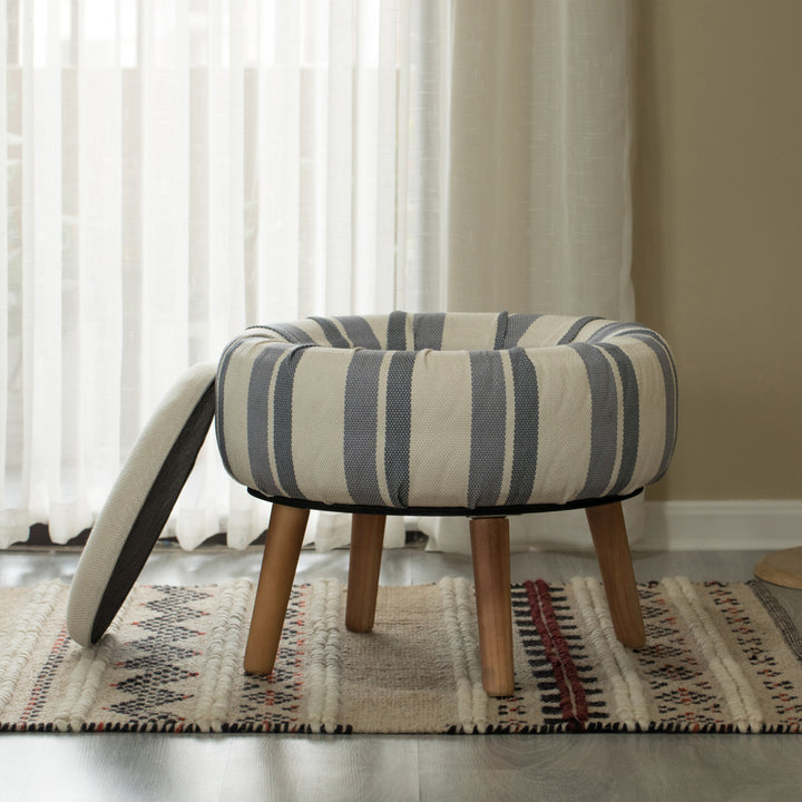 Modern Striped Round Fabric Ottoman Blue and White 21.75 Inch with Storage Image 3