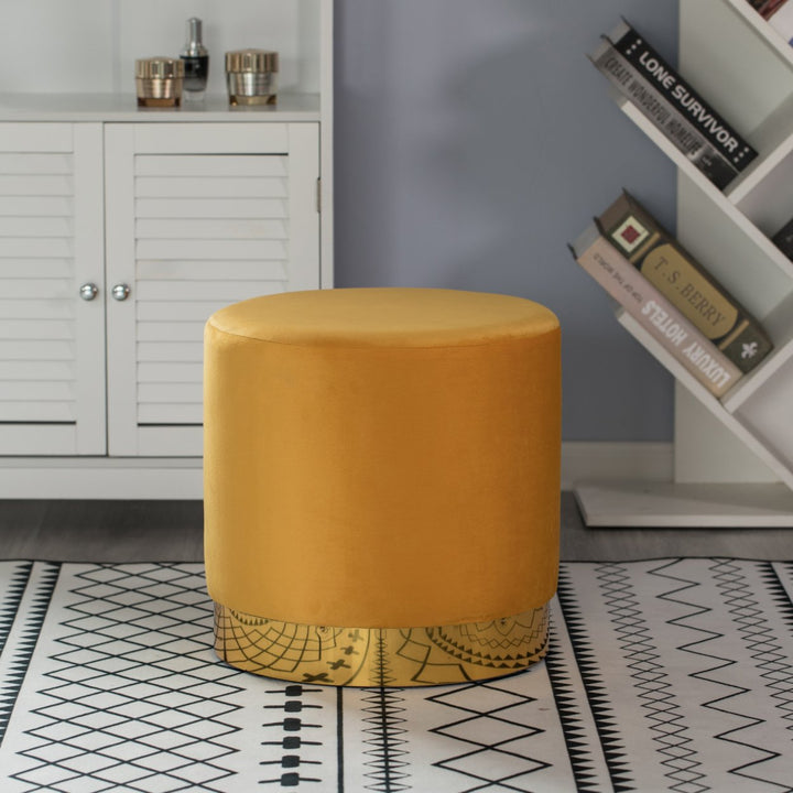 Modern Round Velvet Ottoman Stool 15.75" Gold Metal Base Stylish Image 9