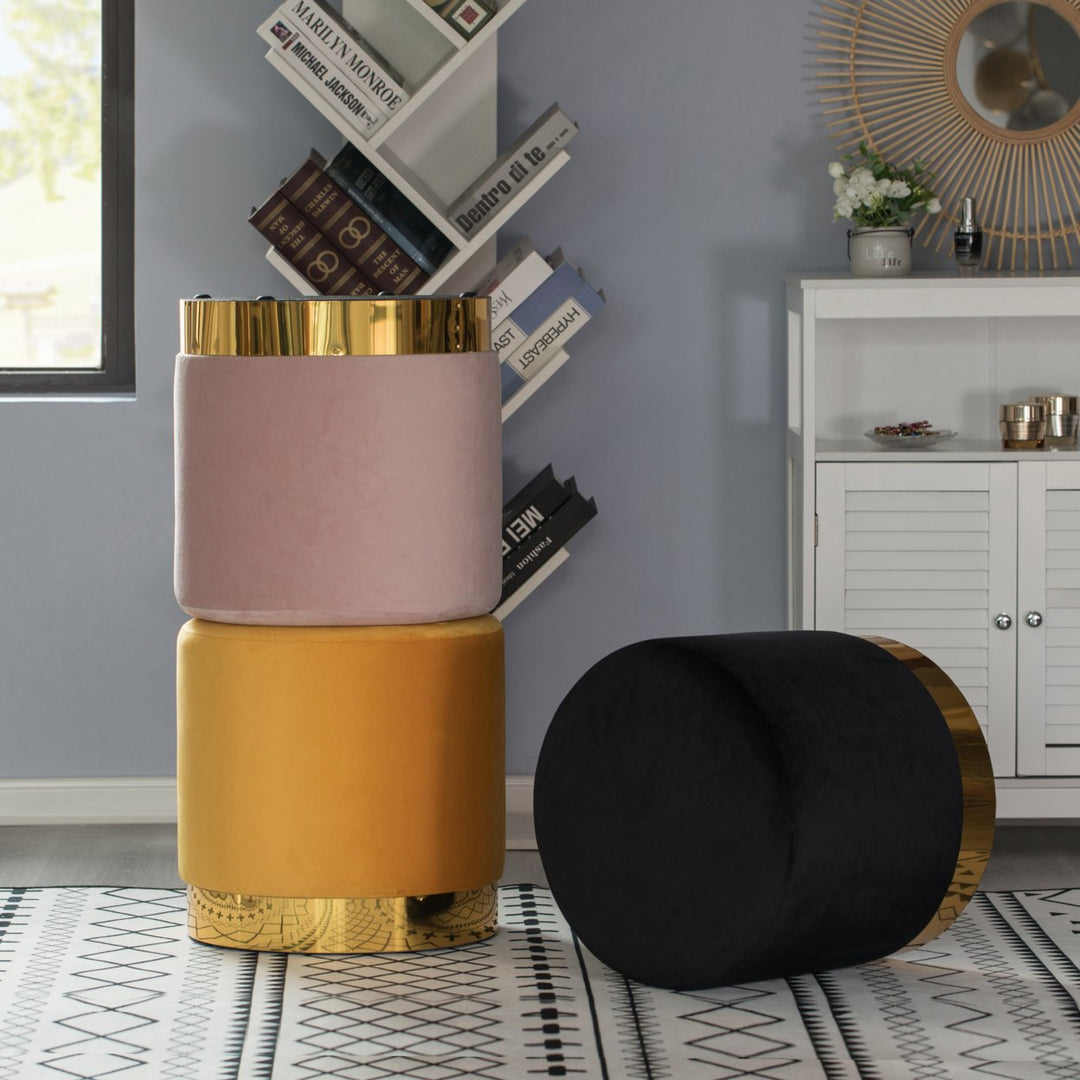 Modern Round Velvet Ottoman Stool 15.75" Gold Metal Base Stylish Image 10