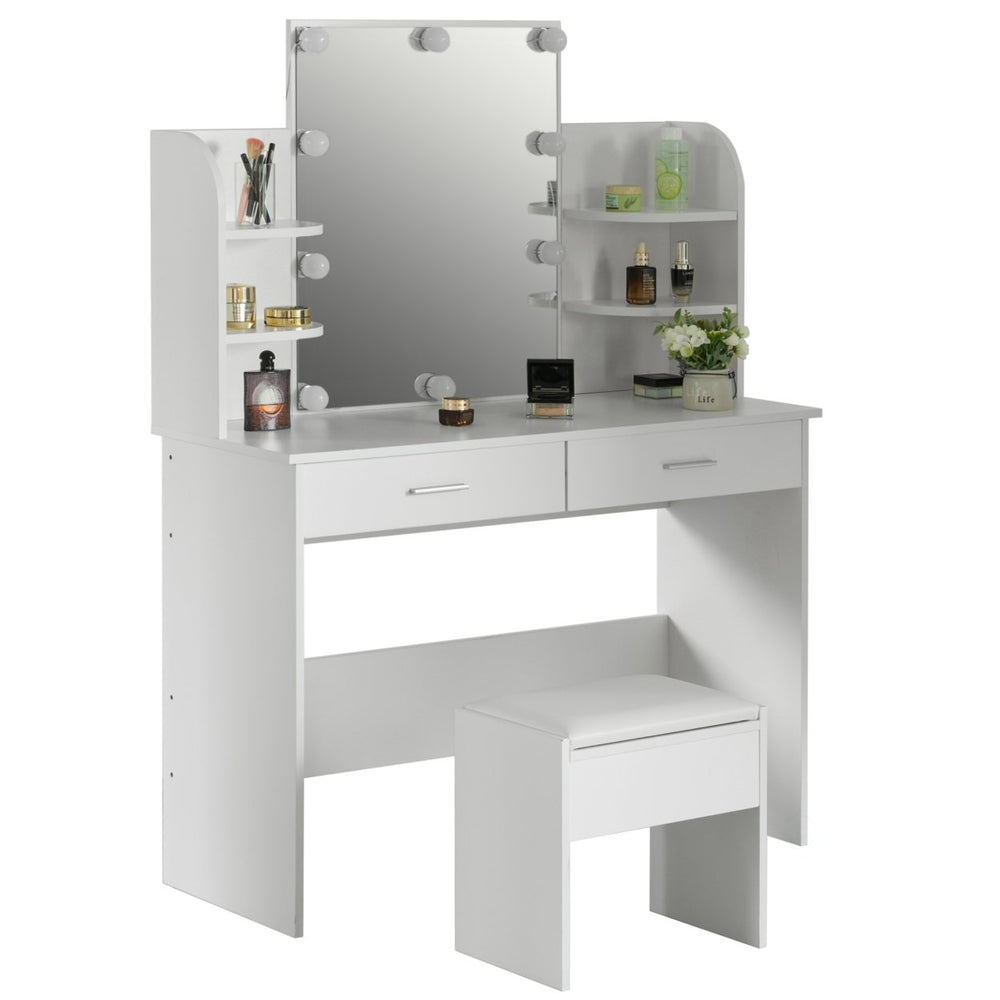 Modern Wooden Vanity Dressing Table With Two Drawers, Led Mirror and Stool Image 2