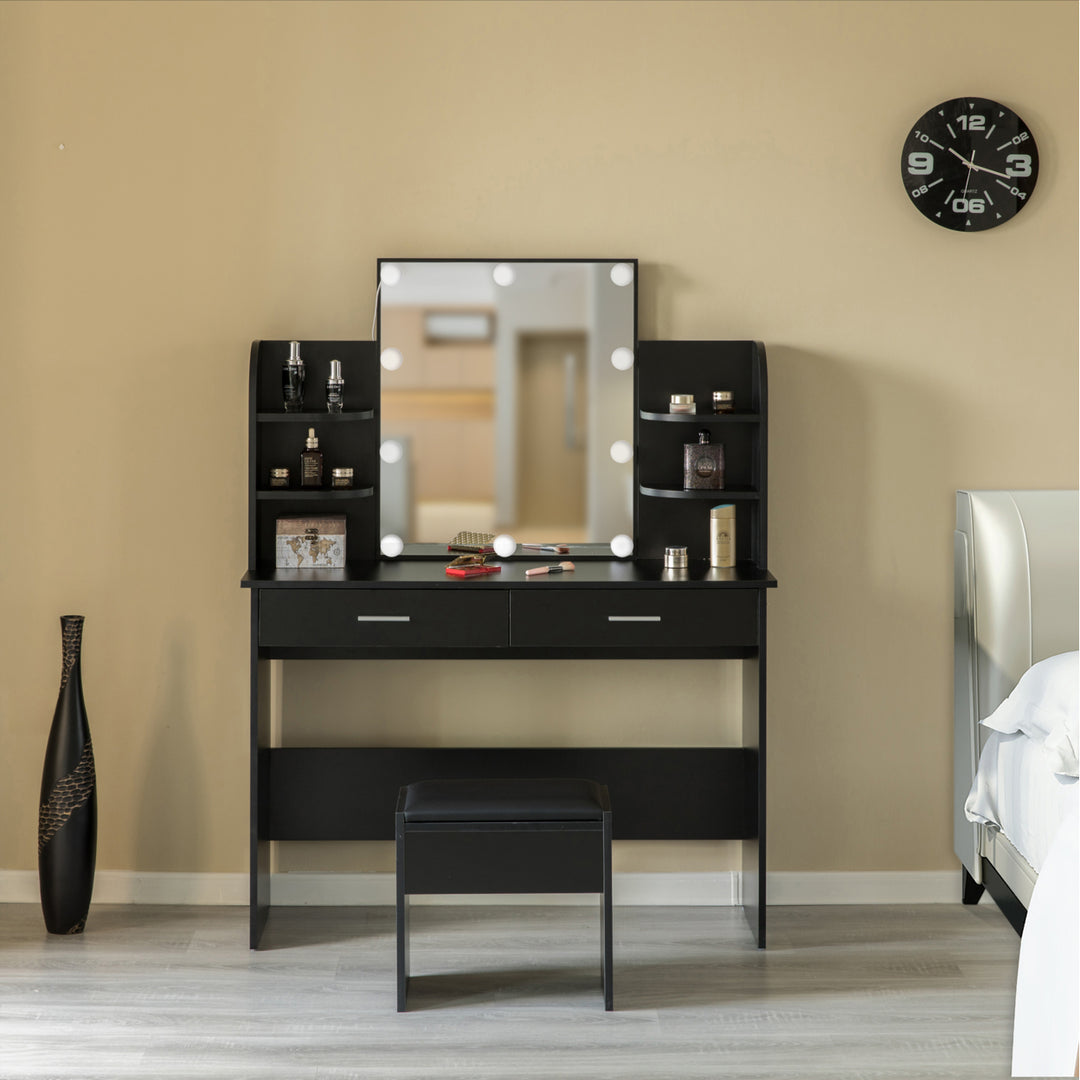 Modern Wooden Vanity Dressing Table With Two Drawers, Led Mirror and Stool Image 3
