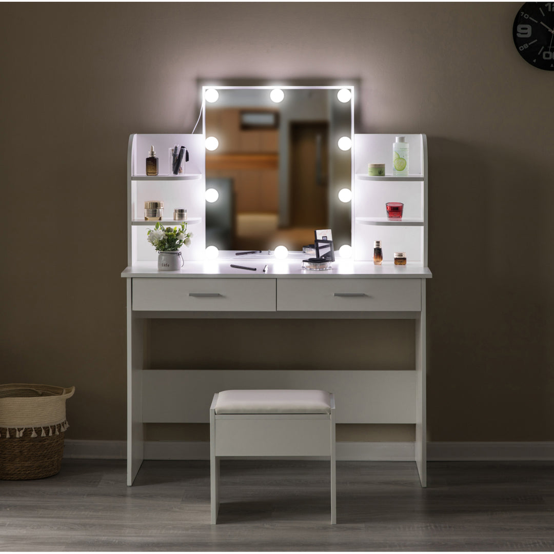 Modern Wooden Vanity Dressing Table With Two Drawers, Led Mirror and Stool Image 4