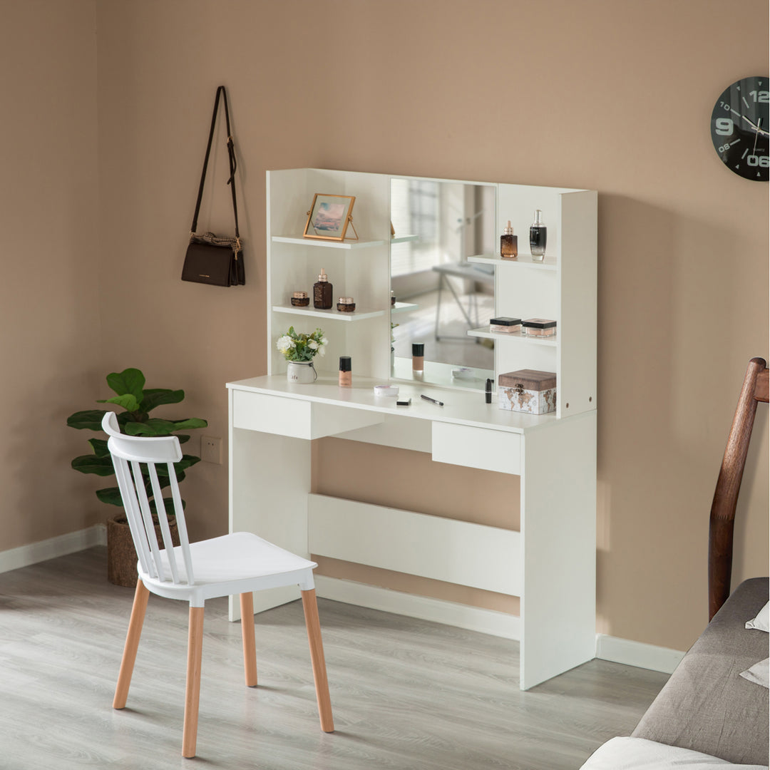 Modern Wooden Dressing Table with Drawer, Mirror and Shelves for The Dining Room, Entryway and Bedroom Image 4