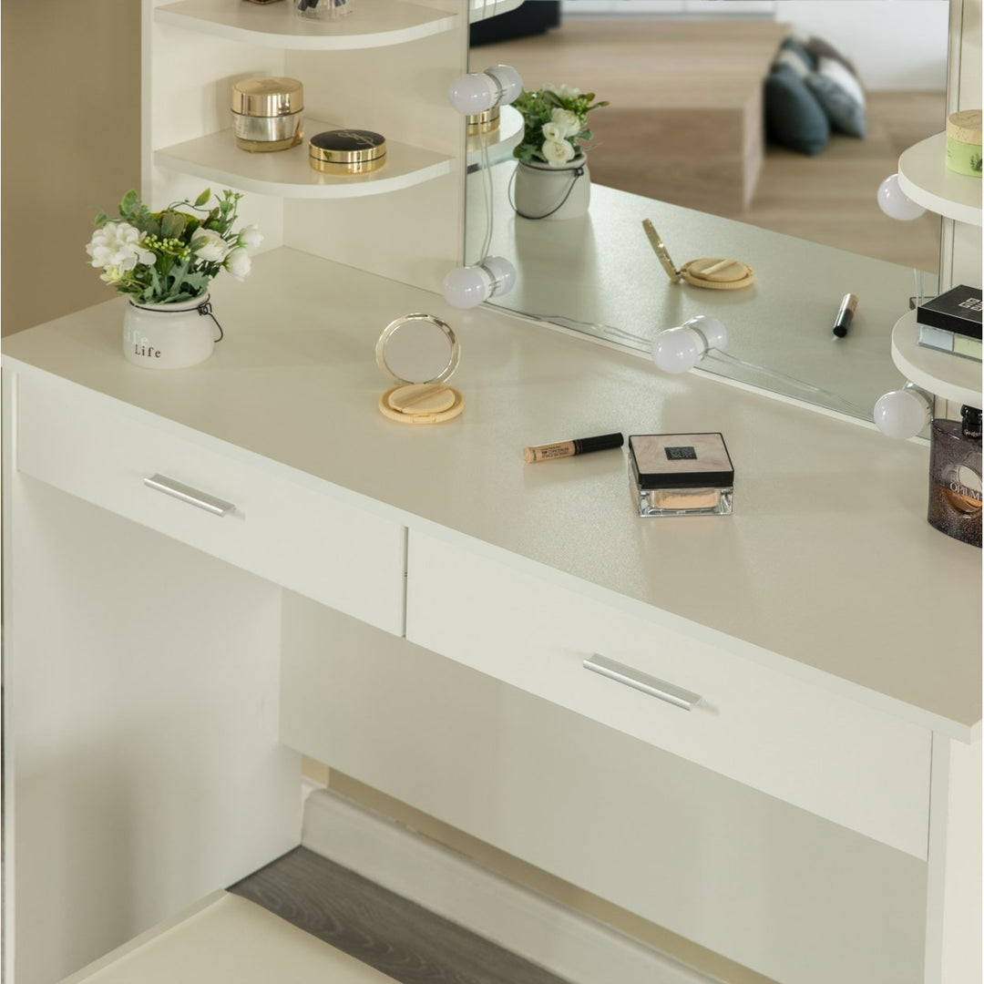 Modern Wooden Vanity Dressing Table With Two Drawers, Led Mirror and Stool Image 6