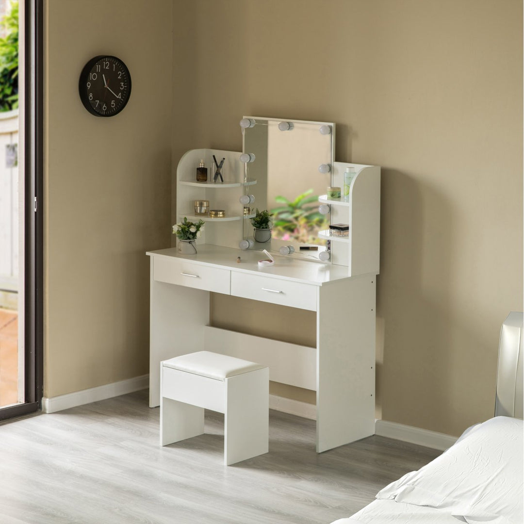 Modern Wooden Vanity Dressing Table With Two Drawers, Led Mirror and Stool Image 7