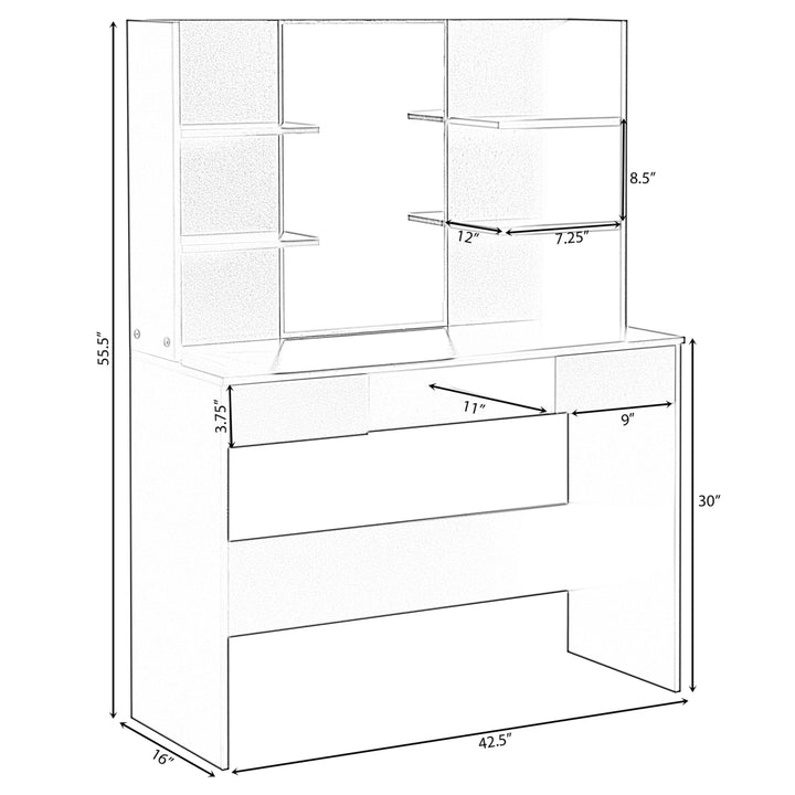 Modern Wooden Dressing Table with Mirror Drawer Shelves 42.5in Entryway Bedroom Image 7