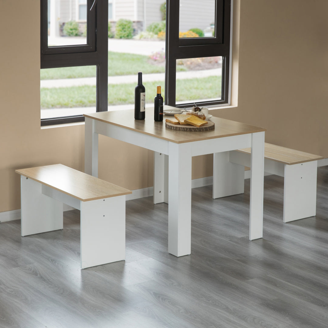 White Wooden Dining Table Set with 2 Benches Modern Design 43in x 27in Image 2