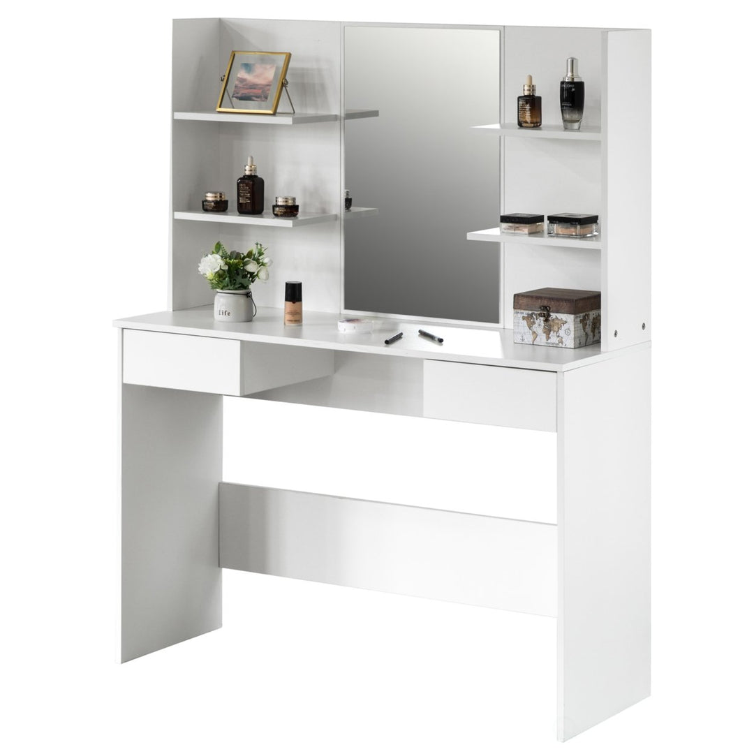 Modern Wooden Dressing Table with Mirror Drawer Shelves 42.5in Entryway Bedroom Image 1