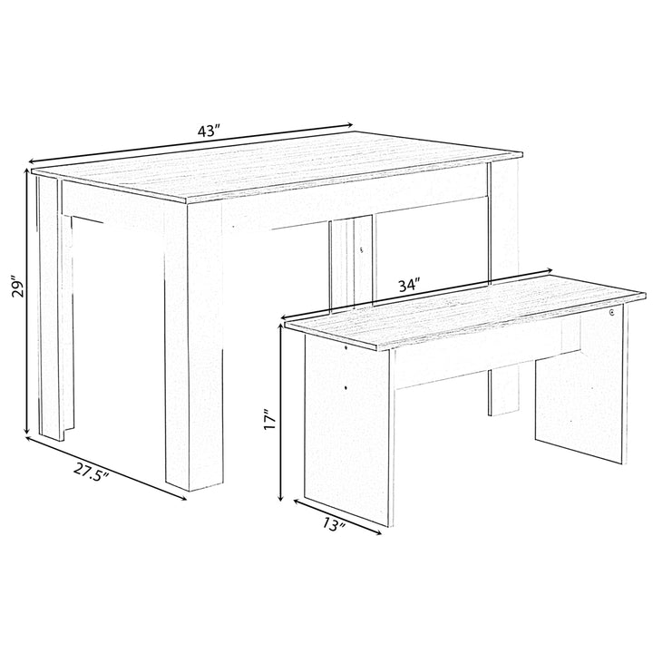 White Wooden Dining Table Set with 2 Benches Modern Design 43in x 27in Image 7