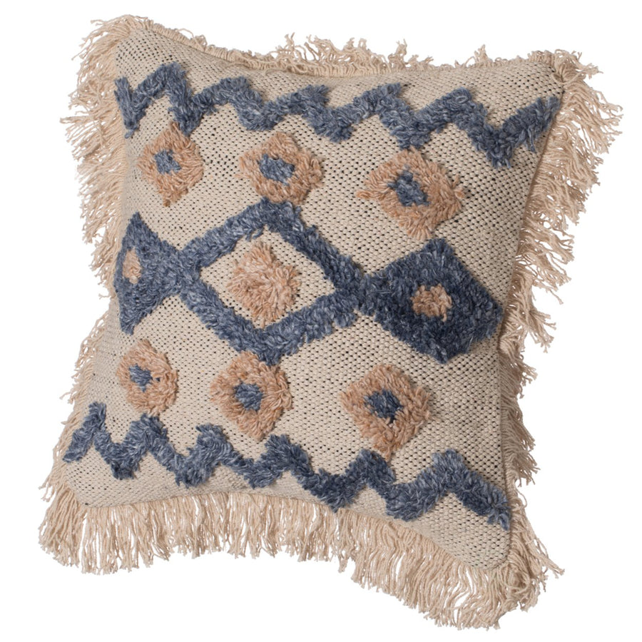 16" Handwoven Cotton and Silk Throw Fringed Pillow Cover Embossed Zig Zag and Crossed Lines Design Image 1
