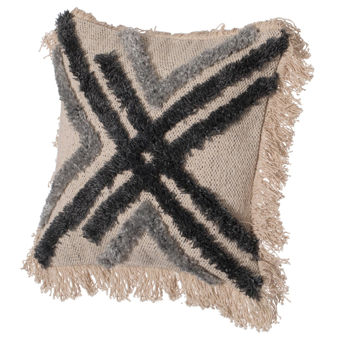 16" Handwoven Cotton and Silk Throw Fringed Pillow Cover Embossed Zig Zag and Crossed Lines Design Image 1