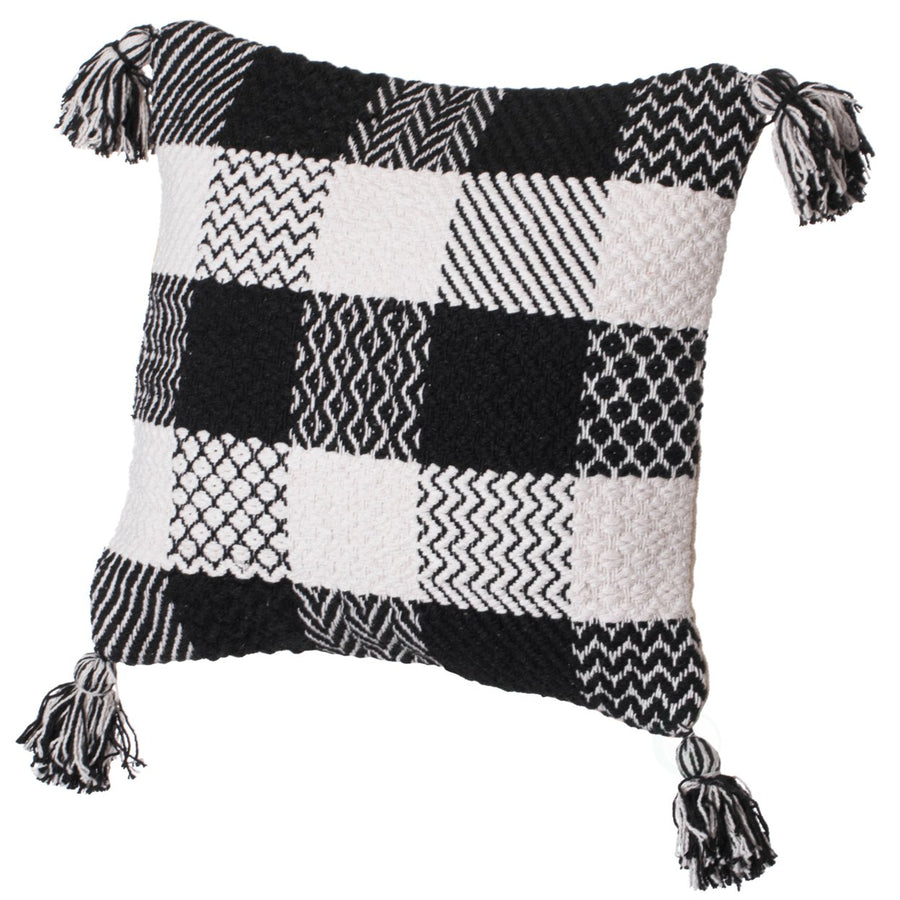 16" Handwoven Cotton Throw Pillow Cover Chevron and Gingham Design Black and White Image 1