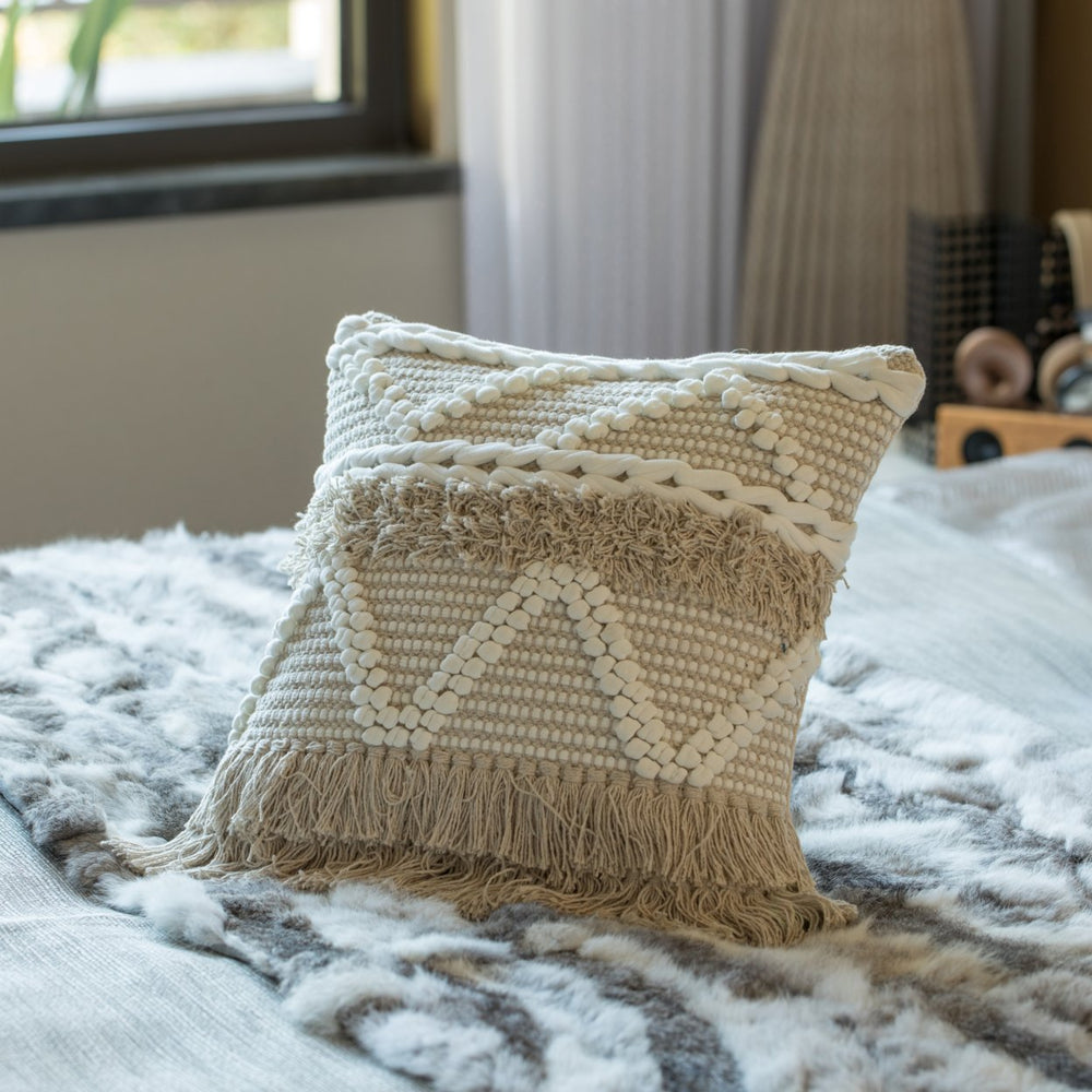 16" Handwoven Cotton Throw Pillow Cover with White Dot Pattern and Natural Tassel Fringe Lines Image 2