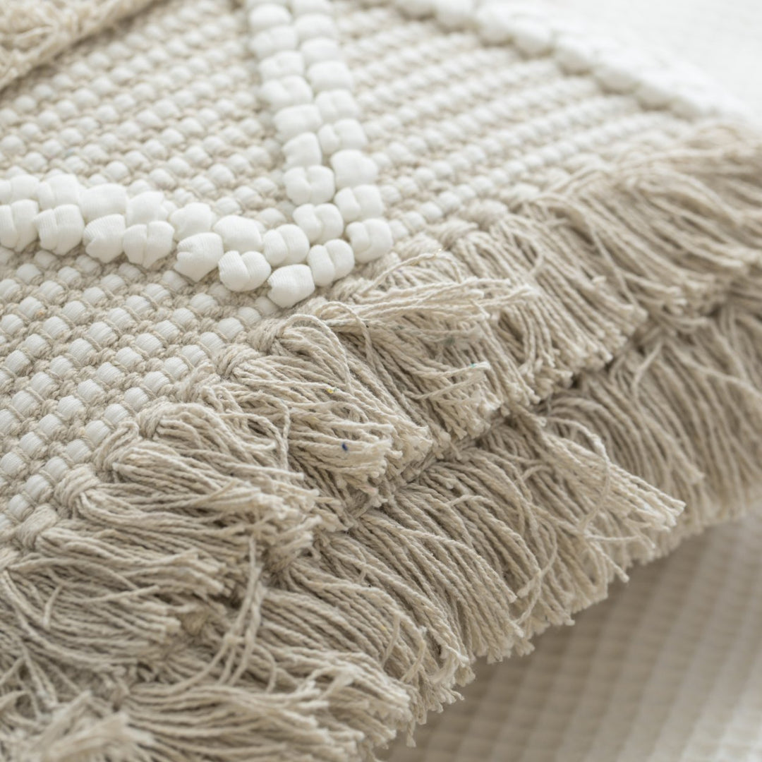 16" Handwoven Cotton Throw Pillow Cover with White Dot Pattern and Natural Tassel Fringe Lines Image 4