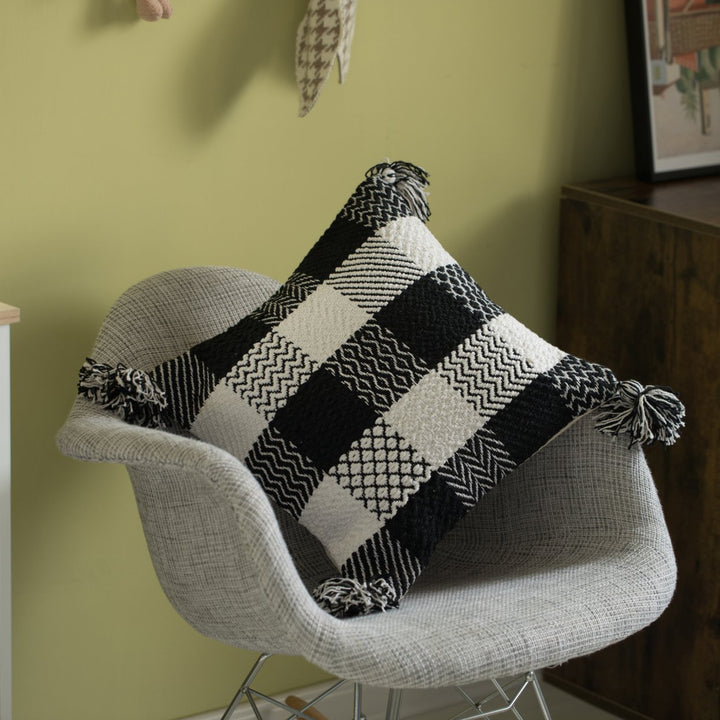 16" Handwoven Cotton Throw Pillow Cover Chevron and Gingham Design Black and White Image 6