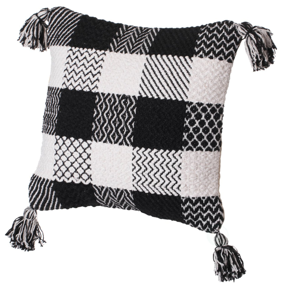 16" Handwoven Cotton Throw Pillow Cover Chevron and Gingham Design Black and White Image 9