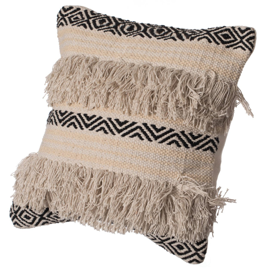 16" Handwoven Cotton Throw Pillow Cover with Boho Design and Fringed Lines Image 1