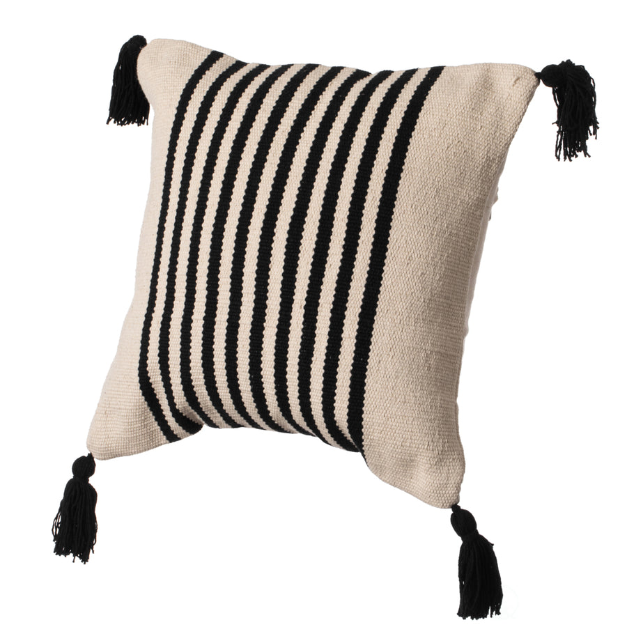 16" Handwoven Cotton Throw Pillow Cover with Striped Lines, Black Image 1