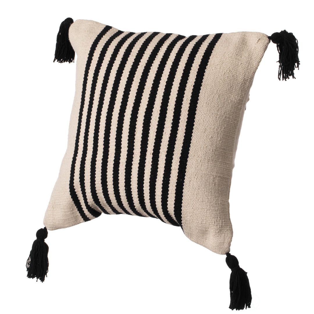 16" Handwoven Cotton Throw Pillow Cover with Striped Lines, Black Image 6